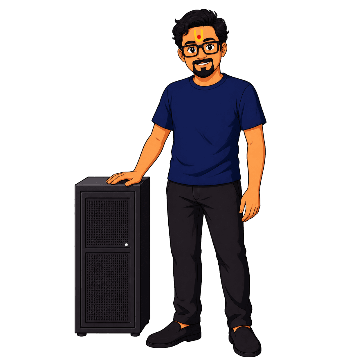 Cartoon of Parth standing beside a server rack.