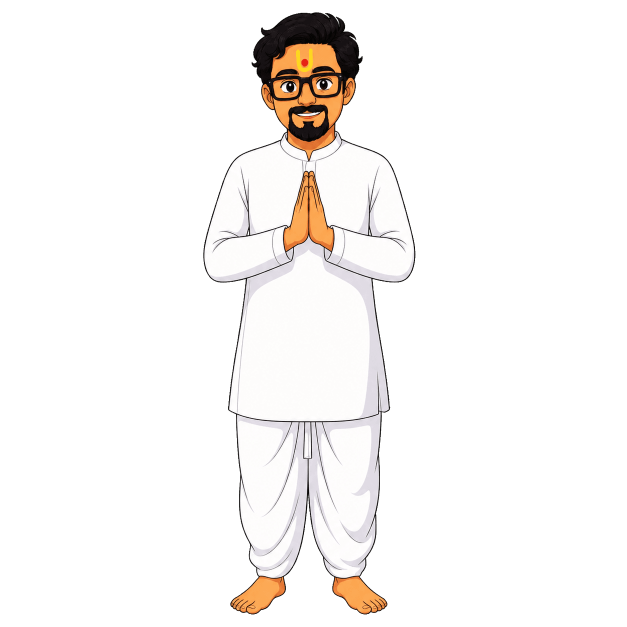 Parth mascot standing barefoot with his hands folded in namaskar.